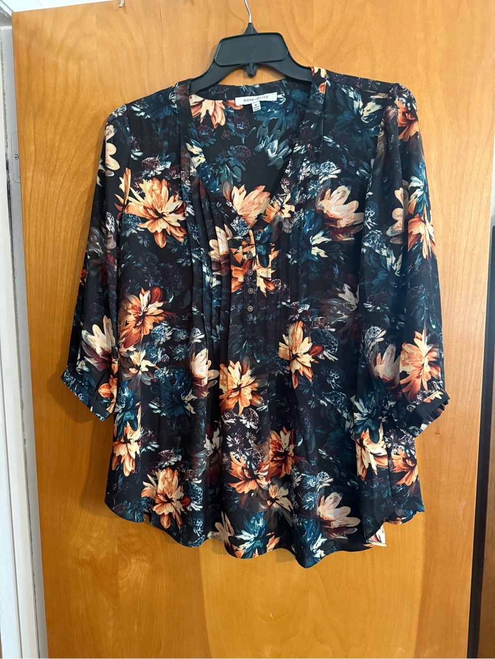 Rose & Olive Black Floral V-Neck Button Blouse with Rust & Teal Accents